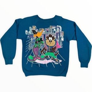 Vintage 90s Freeze Looney Tunes Blue Sweatshirt Size Medium Taz Daffy Duck RARE